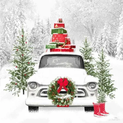 White truck with wreath and gifts