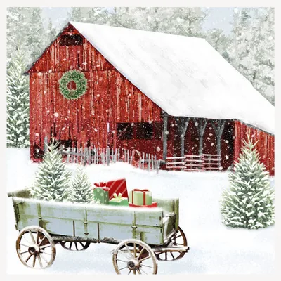 Red barn with hay wagon