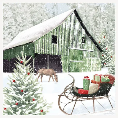 Green barn and sleigh